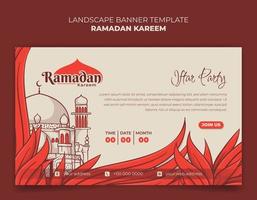 Banner template for ramadan kareem design with mosque and grass in hand drawn design vector