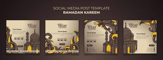 Set of social media post template with mosque and ornamental background in hand drawn design vector