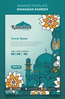 Ramadan banner template design with mosque and floral background in hand drawn design vector