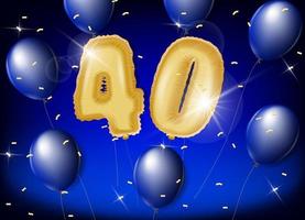 Celebrating 40 years with gold and blue balloons and glitter confetti on a blue background. Vector design for celebrations, invitation cards and greeting cards.