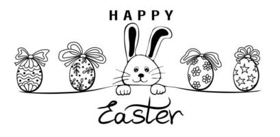 Happy Easter banner. Trendy Easter design with typography, hand drawn funny bunny and eggs vector