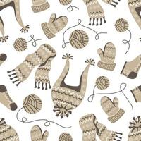 Seamless pattern with knitted warm clothes, mittens, socks, scarf and hat on white background vector