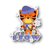 Sticker tiger boy with  Let it snow text on white background. vector