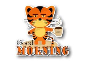 Sticker tiger boy with  cup of coffee and Good morning text on white background vector