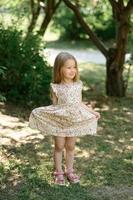 Little girl 3 years old in a summer sundress in the park. Summer time. photo