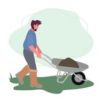 Man rolls a wheelbarrow with soil. Male working in garden. Illustartion in flat cartoon style vector