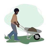 Man rolls a wheelbarrow with soil. Male working in garden. Illustartion in flat cartoon style vector