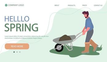 Man rolls a wheelbarrow with soil. Male working in garden. Illustartion in flat cartoon style. Web banner vector