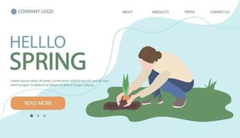 Woman planting garden flowers in soil. Woman working in garden. Illustartion in flat cartoon style. Web banner vector