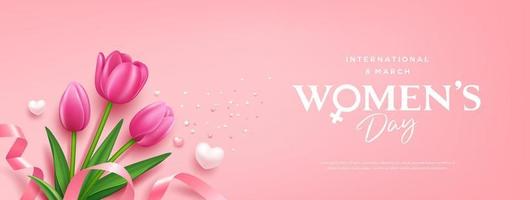 Happy women's day Tulips flowers and heart, pink ribbon, banner design on pink background, EPS10 Vector illustration.