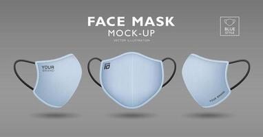 Face mask blue color fabric mockup, front and side, realistic template design isolated on white background, Eps 10 vector illustration