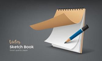 Sketch book with pencil, template design on gray background, Eps 10 vector illustration