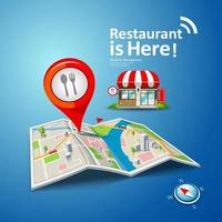 Folded maps vector with red color point markers, restaurant is here design background, illustration