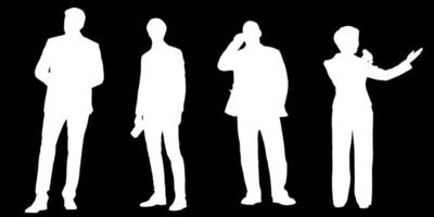 Set of silhouettes of men and a women, a group of standing   people white color isolated on black background vector