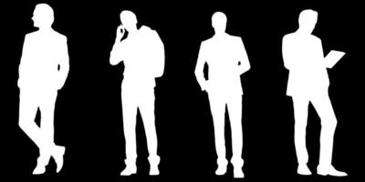 conjunto de siluetas de hombres y un mujer, un grupo de en pie personas blanco color aislado en negro antecedentes vector