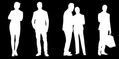 conjunto de siluetas de hombres y un mujer, un grupo de en pie personas blanco color aislado en negro antecedentes vector