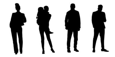 conjunto de siluetas de hombres y un mujer, un grupo de en pie personas negro color aislado en blanco antecedentes vector