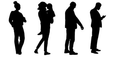 Set of silhouettes of men and a women, a group of standing   people black color isolated on white background vector