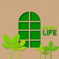 windows with green leaf paper cut  vector illustration