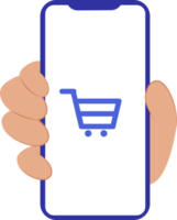 online shopping icon. hand icon showing mobile phone with shopping cart logo png