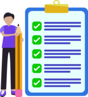 online form survey illustration. young man holding a pencil filling out a survey form png