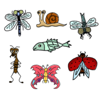 funny bugs and fish simple illustration set hand drawing png