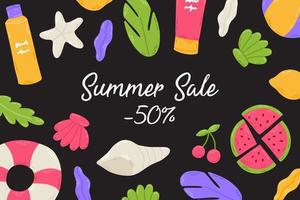 Summer sale banner with beach elements watermelon, sunscreen, flip flops, seashell, lifebuoy, hat, cocktail, lemon. Hand drawn flat cartoon template. Vector illustration