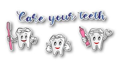 Set of stickers with funny little teeth with a toothbrush and toothpaste vector