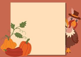 Cute Turkey bird peeps out from behind the card with pumpkins vector