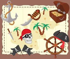 Pirate set with pirate hat,scull, saber, dagger, steering wheel, anchor, treasure chest on a  background of treasure map. vector