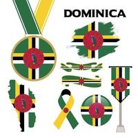 Elements Collection With The Flag of Dominica Design Template. Dominica Flag, Ribbons, Medal, Map, Grunge Texture and Button vector