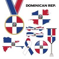 Elements Collection With The Flag of Dominican Republic Design Template. Dominican Republic Flag, Ribbons, Medal, Map, Grunge Texture and Button vector