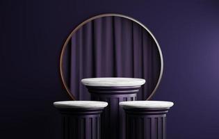 Ancient greek style marble columns, classic dark purple border on arched background and dark purple curtains, 3d illustration, 3d rendering photo