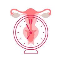 menopausia, De las mujeres salud cuidado. mundo menopausia día. el concepto de medicamento, ginecología. hembra reproductivo sistema con un reloj. vector ilustración.