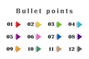 Colorful bullet points arrows, numbers from 1 to 12. Infographics. Vector design.