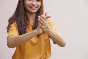 Asian women applaud admire success photo