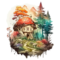 Watercolor painting of a mushroom house png