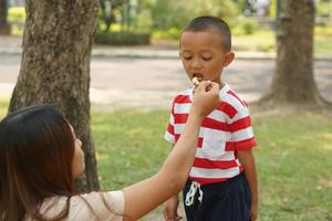 The boy ate ice cream that his mother gave him. photo