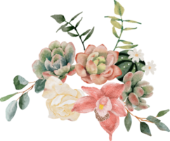 watercolor succulent and flower bouquet wreath frame png
