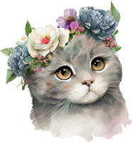 schattig Brits kat bloemen waterverf illustratie png