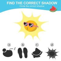 Find the correct shadow. Matching shadow game for children. Worksheet for kid. Educational printable worksheet. Vector illustration.