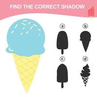 Find the correct shadow. Matching ice cream with the shadow. Worksheet for kid. Educational printable worksheet. Vector illustration.