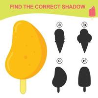 Find the correct shadow. Matching ice cream with the shadow. Worksheet for kid. Educational printable worksheet. Vector illustration.