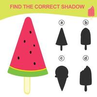 Find the correct shadow. Matching ice cream with the shadow. Worksheet for kid. Educational printable worksheet. Vector illustration.