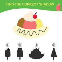 Find the correct shadow. Matching ice cream with the shadow. Worksheet for kid. Educational printable worksheet. Vector illustration.