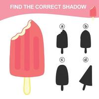 Find the correct shadow. Matching ice cream with the shadow. Worksheet for kid. Educational printable worksheet. Vector illustration.
