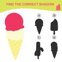 Find the correct shadow. Matching ice cream with the shadow. Worksheet for kid. Educational printable worksheet. Vector illustration.