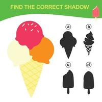 Find the correct shadow. Matching ice cream with the shadow. Worksheet for kid. Educational printable worksheet. Vector illustration.