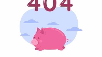 Animated tired pink pig 404 error. Piggy collapsed after race. Empty state 4K video footage with alpha channel transparency. Flash message. Color failed loading animation for broken link, web design