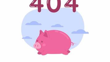 animado cansado rosado cerdo 404 error. cerdito colapsado después carrera. vacío estado 4k vídeo imágenes con alfa canal transparencia. destello mensaje. color ha fallado cargando animación para roto enlace, web diseño video